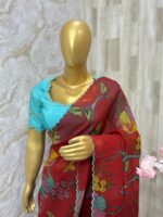 Pure hand painted pen kalamkari saree paired with beautiful maggam work blouse