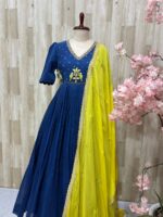 Pure mul chanderi long gown with beautiful maggam work paired with matching dupatta