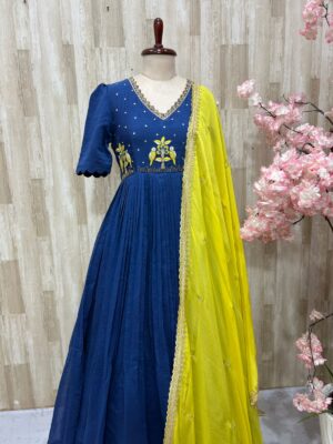 Pure mul chanderi long gown with beautiful maggam work paired with matching dupatta
