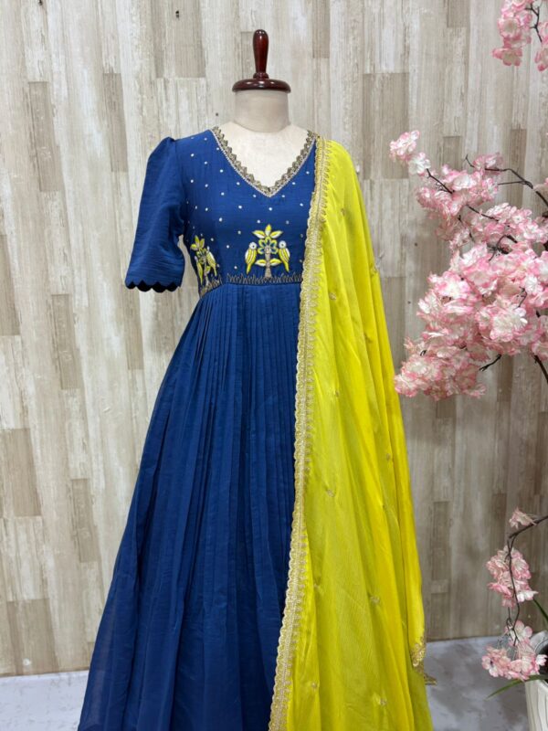 Pure mul chanderi long gown with beautiful maggam work paired with matching dupatta