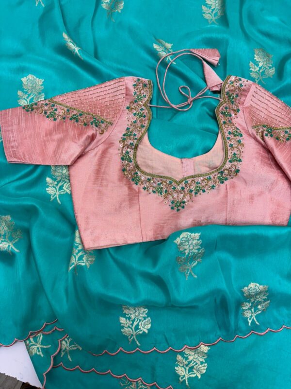 Munga crepe saree with beautiful motifs paired with maggam work blouse