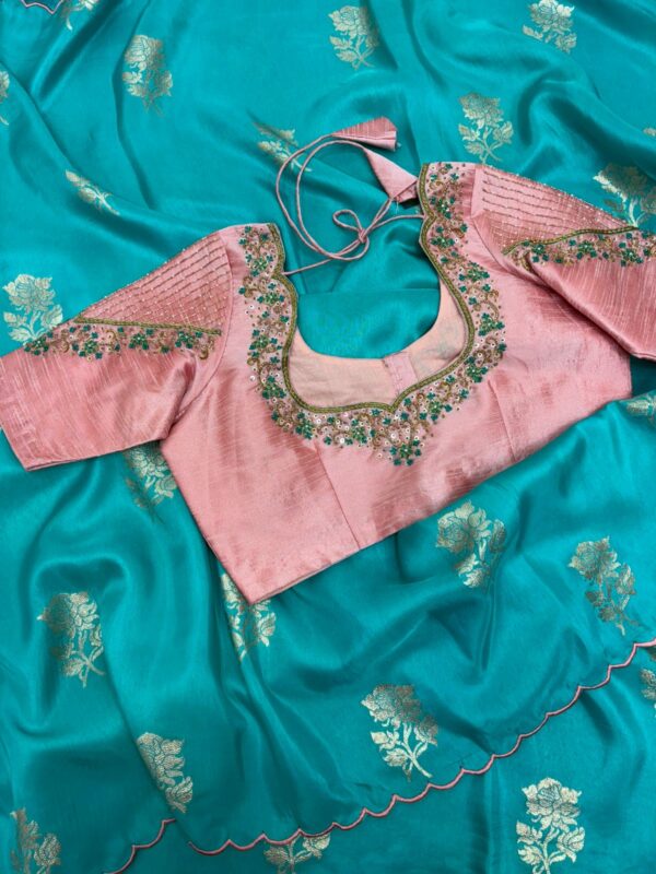 Munga crepe saree with beautiful motifs paired with maggam work blouse