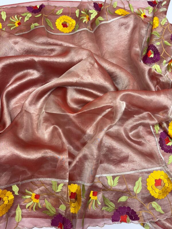 Exclusive premium quality pure tissue saree with beautiful embroidery border paired with matching blouse