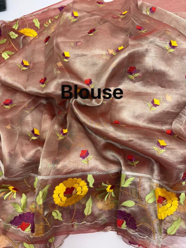 Exclusive premium quality pure tissue saree with beautiful embroidery border paired with matching blouse