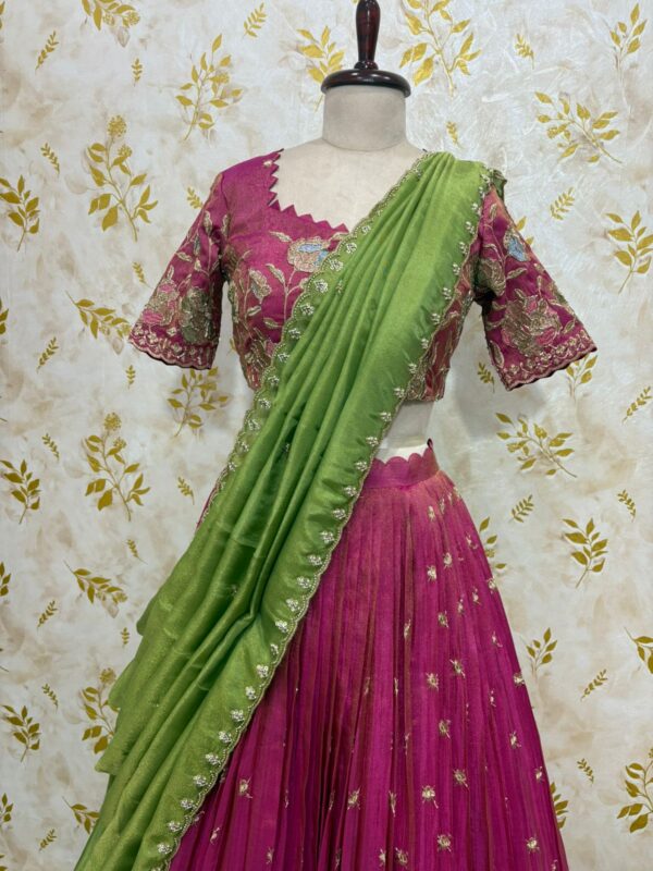 Tissue hand work lehenga with beautiful sequin and thread work paired with hand work