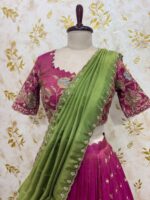 Tissue hand work lehenga with beautiful sequin and thread work paired with hand work