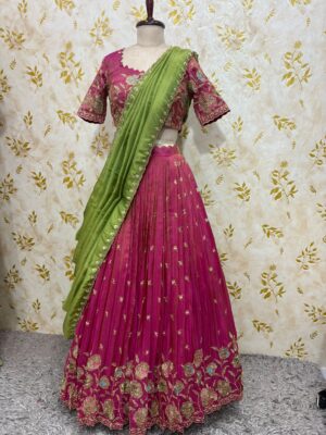 Tissue hand work lehenga with beautiful sequin and thread work paired with hand work