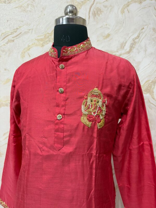 Soft silk men's kurta with maggam work paired with cream colour pijama