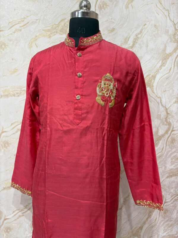 Soft silk men's kurta with maggam work paired with cream colour pijama