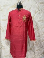 Soft silk men's kurta with maggam work paired with cream colour pijama