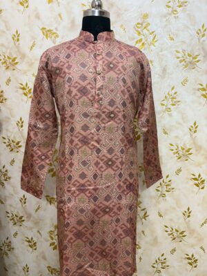 Rust Pink Ikat-Weave Silk Kurta with Subtle Golden Accents