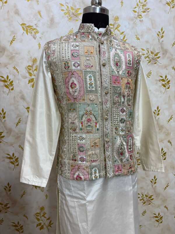 Soft pattu kurta with pijama paired with beautiful sequin & embroidery work over coat