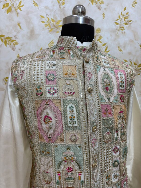 Soft pattu kurta with pijama paired with beautiful sequin & embroidery work over coat