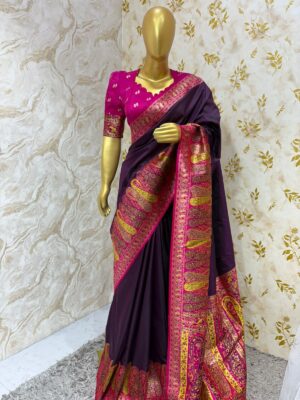 Soft pattu saree with beautiful border and contrast blouse