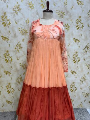 Pure chiffon long gown with floral yoke part & sleeves