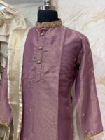 Pure tissue men's kurta with beautiful maggam work on collar & sleeves and all over buttis paired with dhoti & kanduva