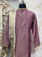 Pure tissue men's kurta with beautiful maggam work on collar & sleeves and all over buttis paired with dhoti & kanduva