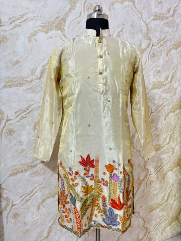 Pure tissue floral print men's kurta paired with cream colour pijama