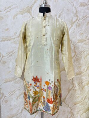 Pure tissue floral print men's kurta paired with cream colour pijama