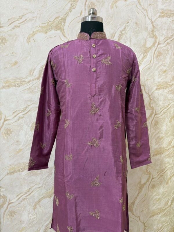 Soft silk men's kurta having beautiful maggam work paired with cream colour pijama