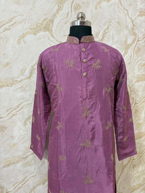 Soft silk men's kurta having beautiful maggam work paired with cream colour pijama