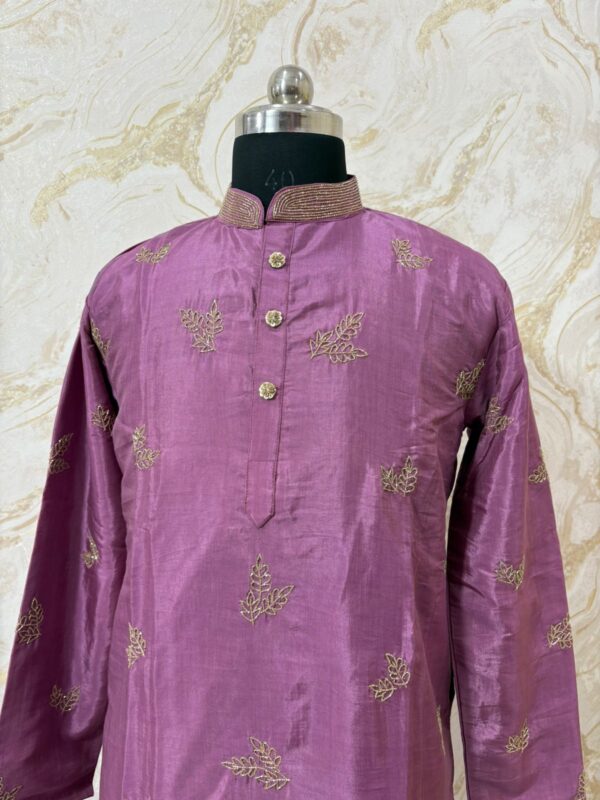 Soft silk men's kurta having beautiful maggam work paired with cream colour pijama