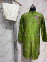 Pure rawsilk men's kurta with maggam work paired with pijama
