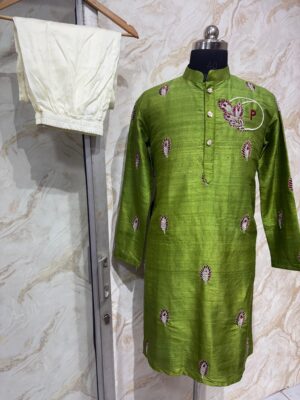 Pure rawsilk men's kurta with maggam work paired with pijama