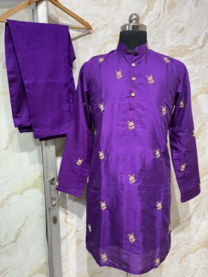 Soft silk kurta with maggam work paired with self color pijama