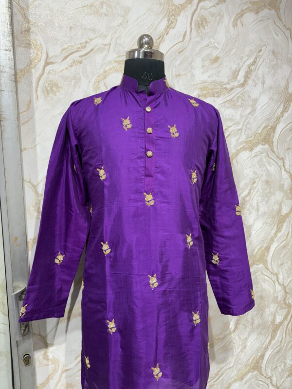 Soft silk kurta with maggam work paired with self color pijama