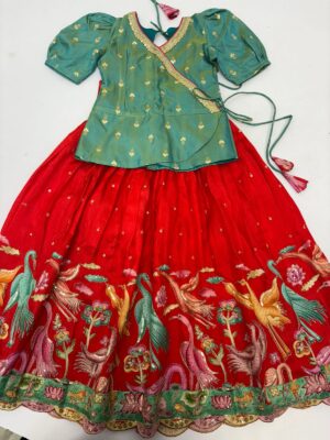 Red Kalamkari kids lehenga with beautiful blouse