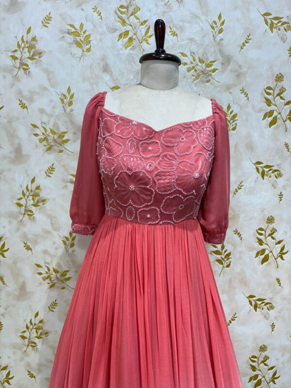 Pure georgette dual shade long gown with floral bead work on yoke part