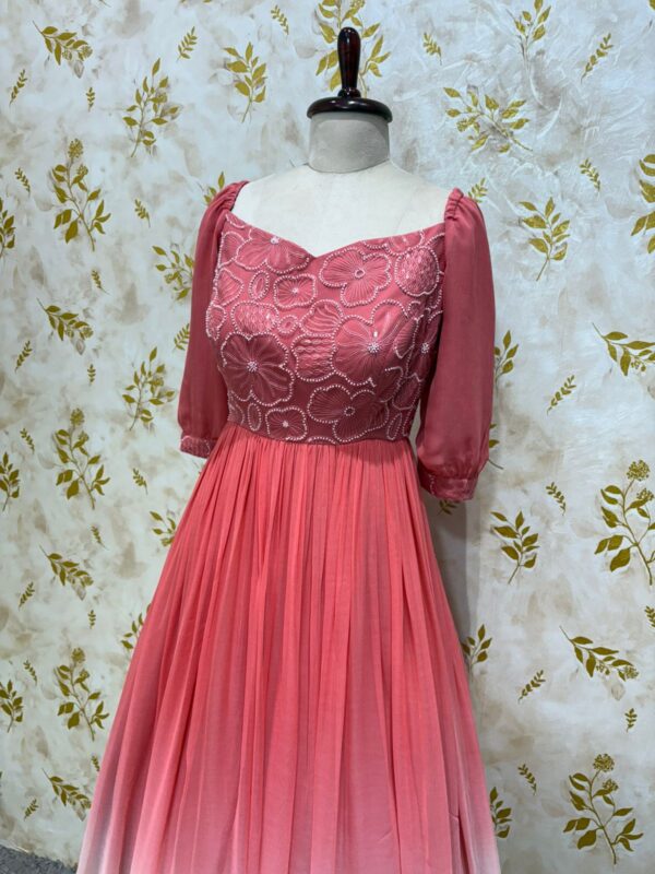 Pure georgette dual shade long gown with floral bead work on yoke part