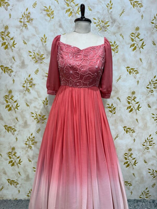 Pure georgette dual shade long gown with floral bead work on yoke part