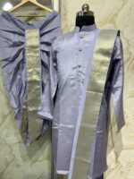 Semi pattu men's kurta paired with dhoti & kanduva