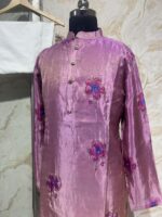 Dual shade tissue hand work men's kurta paired with cream colour pijama