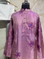 Dual shade tissue hand work men's kurta paired with cream colour pijama