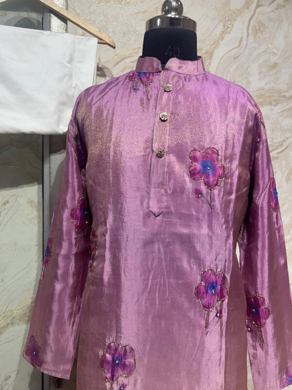 Dual shade tissue hand work men's kurta paired with cream colour pijama