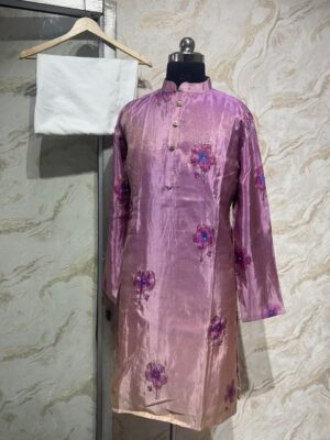 Dual shade tissue hand work men's kurta paired with cream colour pijama