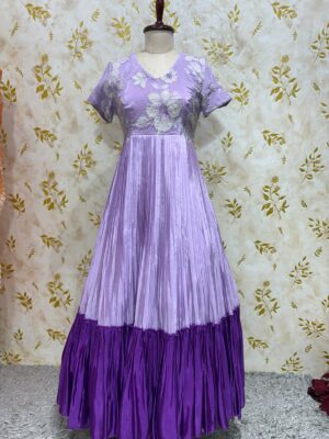 Dual shade long gown with beautiful heavy hand work floral yoke part