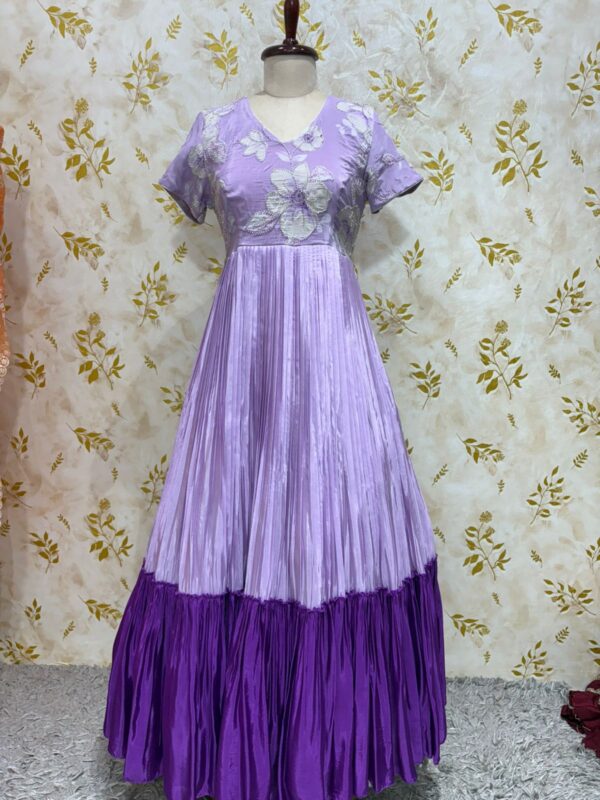 Dual shade long gown with beautiful heavy hand work floral yoke part