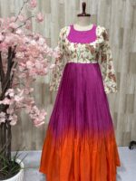 Dual shade long gown with floral yoke part