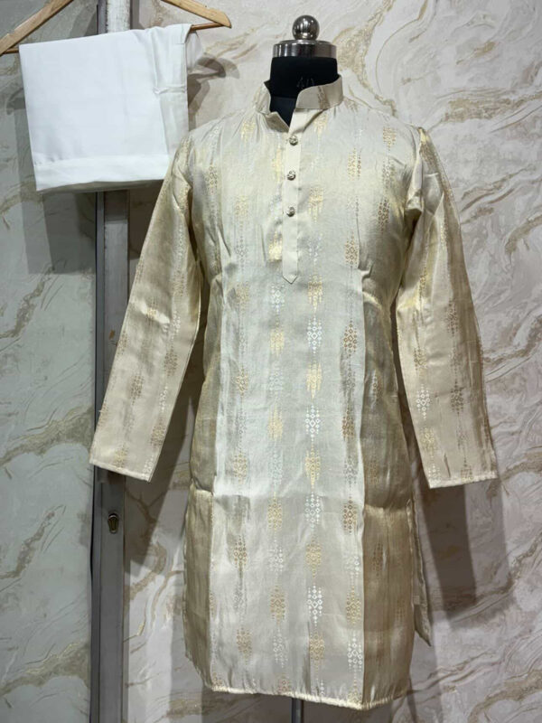 Pure tissue men’s kurta paired with cream colour pijama