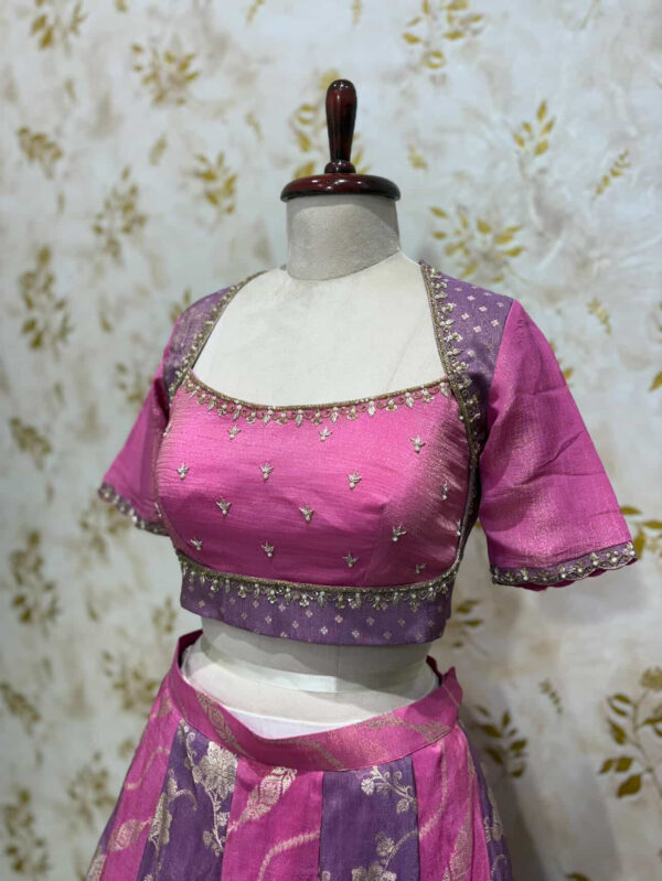 Tissue kali lehenga paired with beautiful maggam work blouse & dupatta