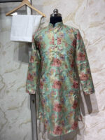 Floral tissue men’s kurta paired with cream colour pijama