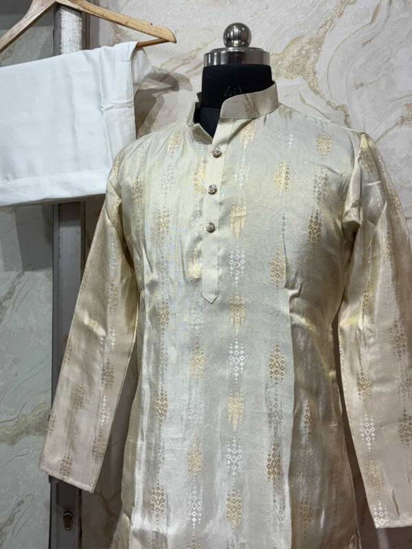 Pure tissue men’s kurta paired with cream colour pijama