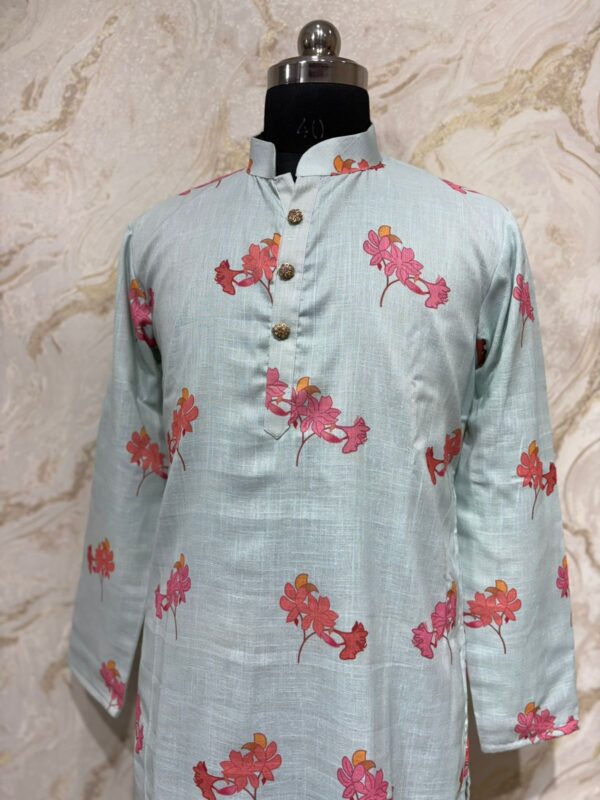 Linen floral men's kurta paired with cream colour pijama