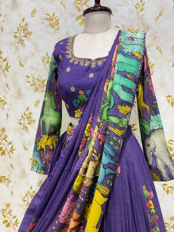 Pure pen kalamkari lehenga paired with maggam work kalamkari blouse & kalamkari dupatta