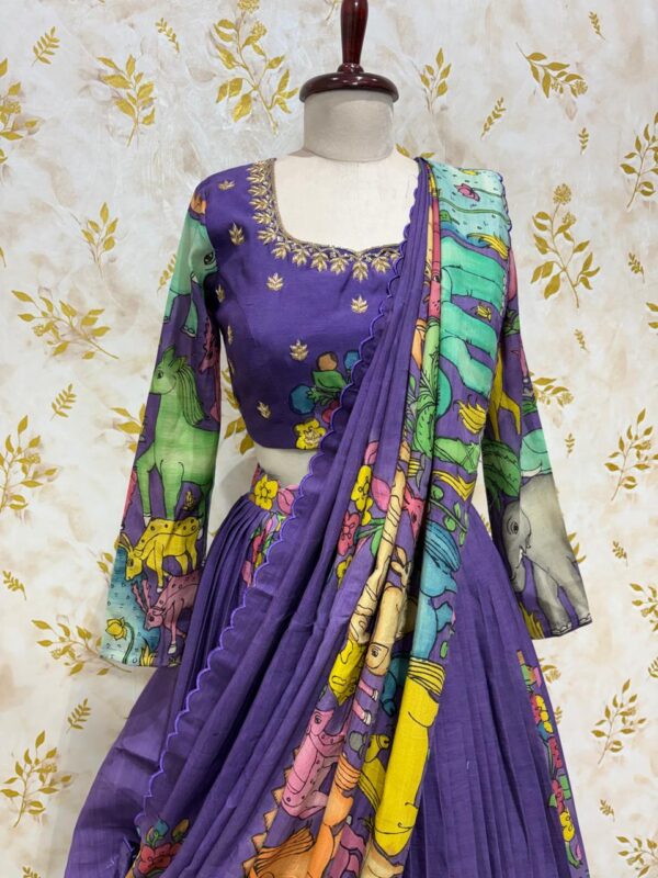 Pure pen kalamkari lehenga paired with maggam work kalamkari blouse & kalamkari dupatta