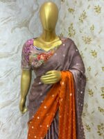 Beautiful satin banaras dual shade saree with floral sequin work blouse